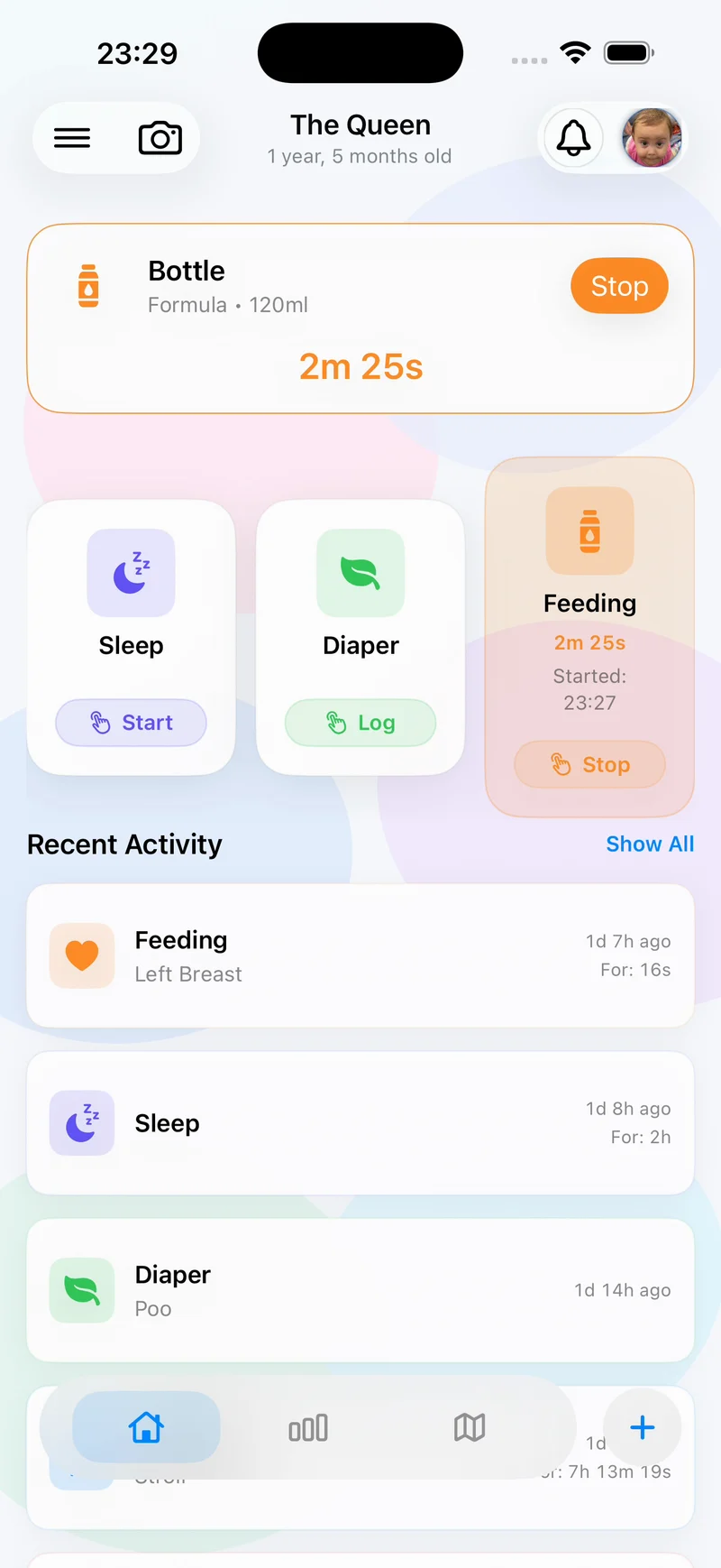 Nanny & Me home screen with an active feeding timer, quick care actions, and recent activity